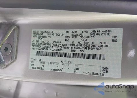 2017 Ford Escape S из США, поврежденный, VIN 1FMCU0F71HUA47883